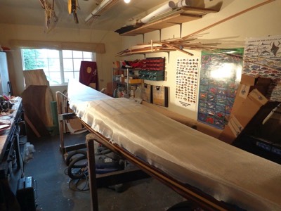 4/4/16 - Fiberglass cloth is laid on the deck. 