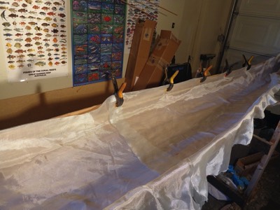  4/6/16 - Fiberglass cloth is laid in the hull. 