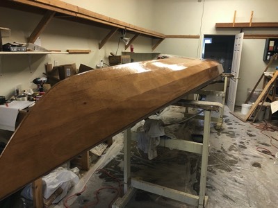  11/29/17 - The first coat of varnish is on the hull.  