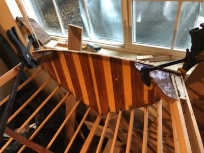  The meranti transom knees are installed. 