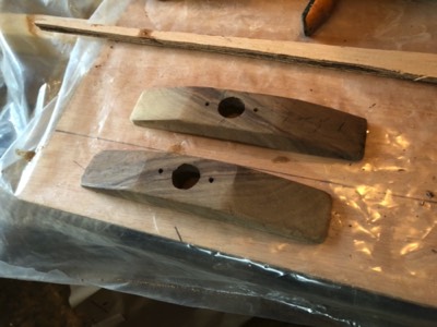  1/12/18 - Oarlock brackets are shaped from pieces of walnut. 