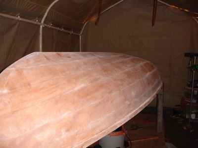  The hull is sanded in preparation for painting. 