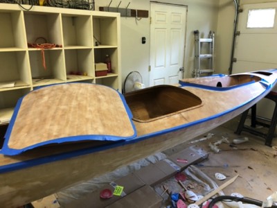  6/1/18 - The deck and hatch covers are taped in preparation for varnishing. 