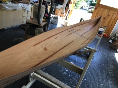  8/26/19 - The inside seams between hull planks are filled with thickened epoxy. 