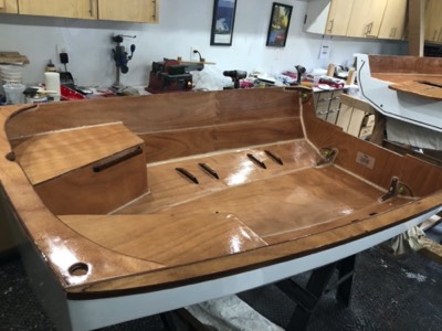  First coat of varnish on the aft section. 