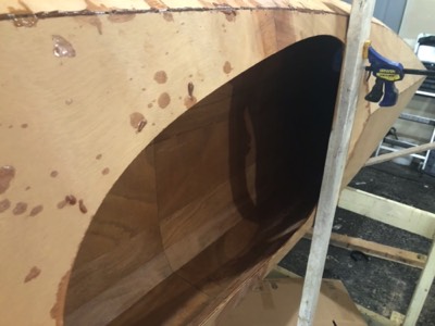  5/11/20 - The port side sheer seam is filled with epoxy and fiberglass tape. 