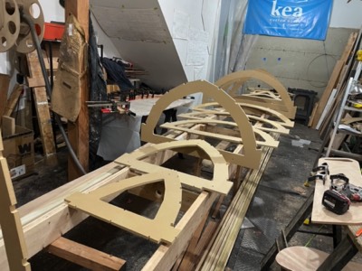  The jig frames are laid out on the strongback. 