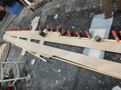  4/17/24 - Sheer clamps are epoxied on one panel. 