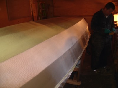  5/7/11 - The starboard half of the hull is ready for fiberglassing. 