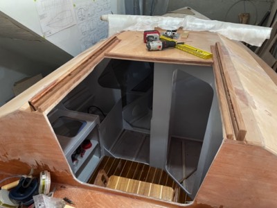  Companionway hatch pieces are temporarily screwed in place. 