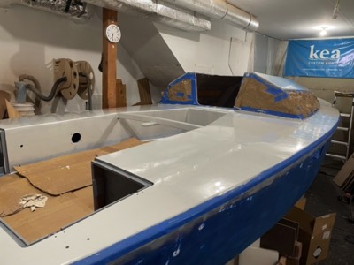 Cockpit area giving first coat of paint. Interlux Perfection Platinum. 