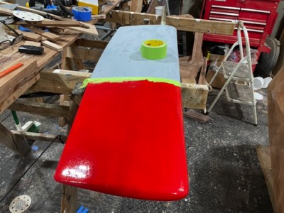  Tip of the rudder is painted red since it will be projecting behind the boat while on the trailer. 