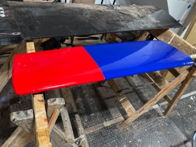  Painting of the rudder is complete. The tip is red because it will be sticking out beyond the stern when tilted up. 