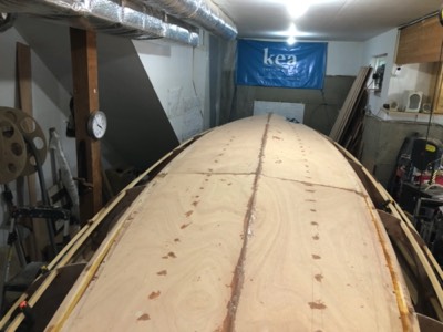  10/9/20 - The last two hull bottom panels are epoxied in place. 