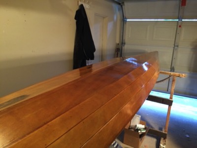  10/29/14 - First coat of varnish on the hull! 