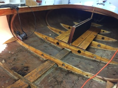  5/1/17 - All of the floorboards are removed so the interior of the hull can be inspected and repaired. 