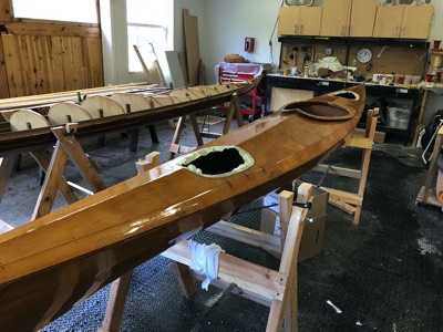  1/10/19 - The first coat of varnish is applied to the hull. 