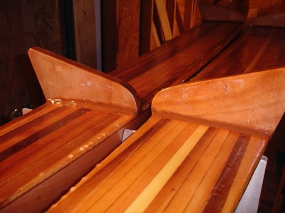  8/18/08 - The bulkheads are reinforced with epoxy fillets.  This completes the construction of the amas. I only have to sand and varnish them.   