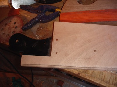  The extend rudder I am making for the rig. Bronze nails are used to keep the rudder insert in place. 
